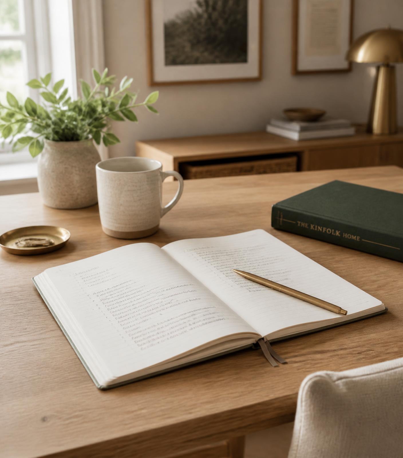 Notitieboek en papieren op een rustige werkplek